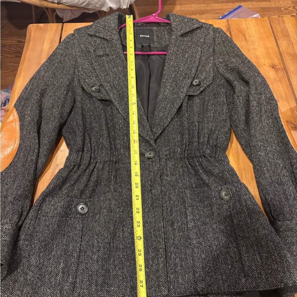 SMYTHE Women's Extra Small Gray Wool Spencer Jacket with Tan Leather Accents - Picture 7 of 7